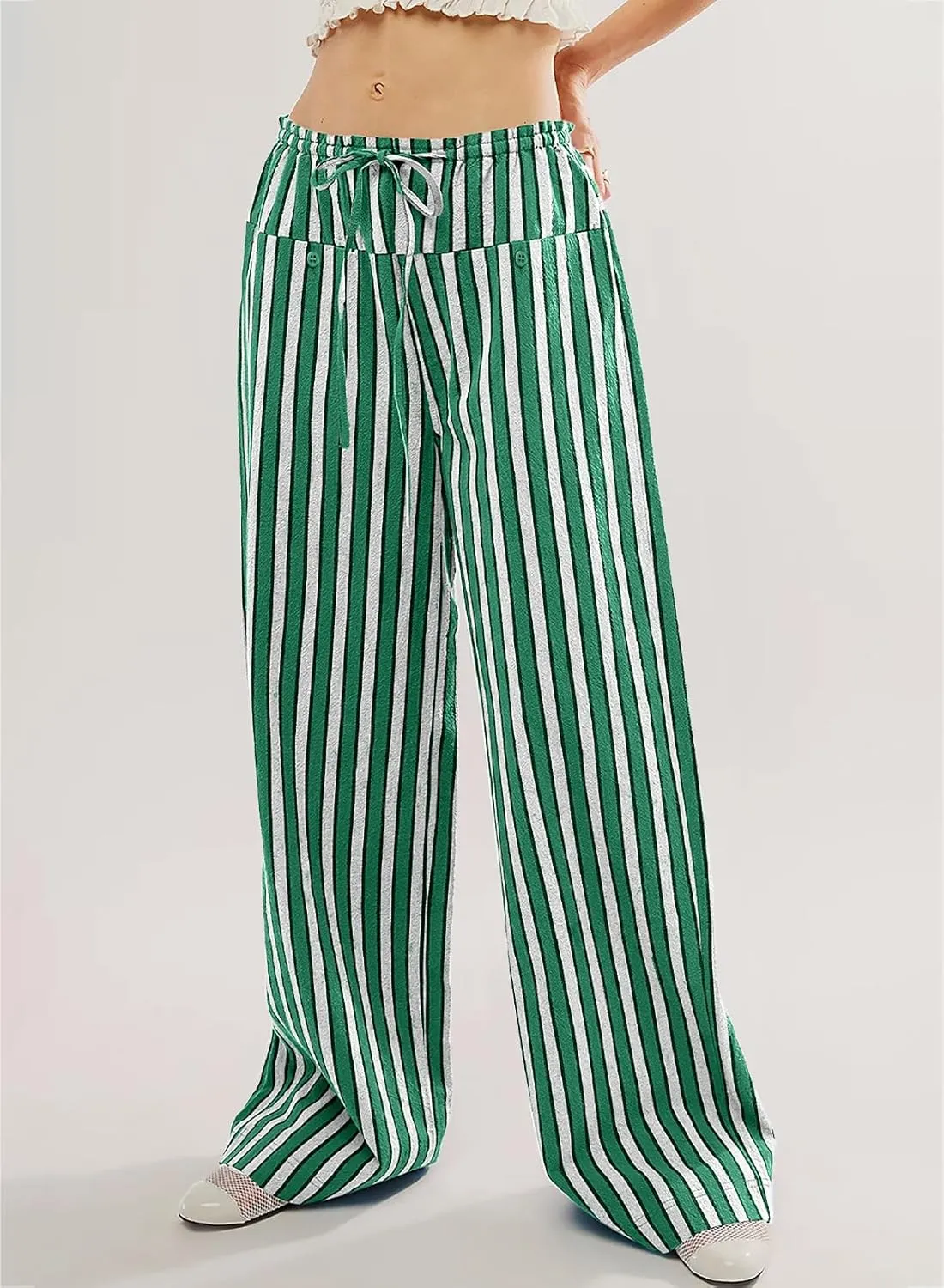 Acelitt Women Casual Drawstring Elastic Waist Loose Wide Leg Striped Pants with Pockets, S-XXL