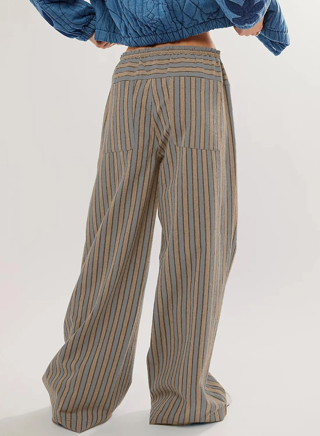 Acelitt Women Casual Drawstring Elastic Waist Loose Wide Leg Striped Pants with Pockets, S-XXL