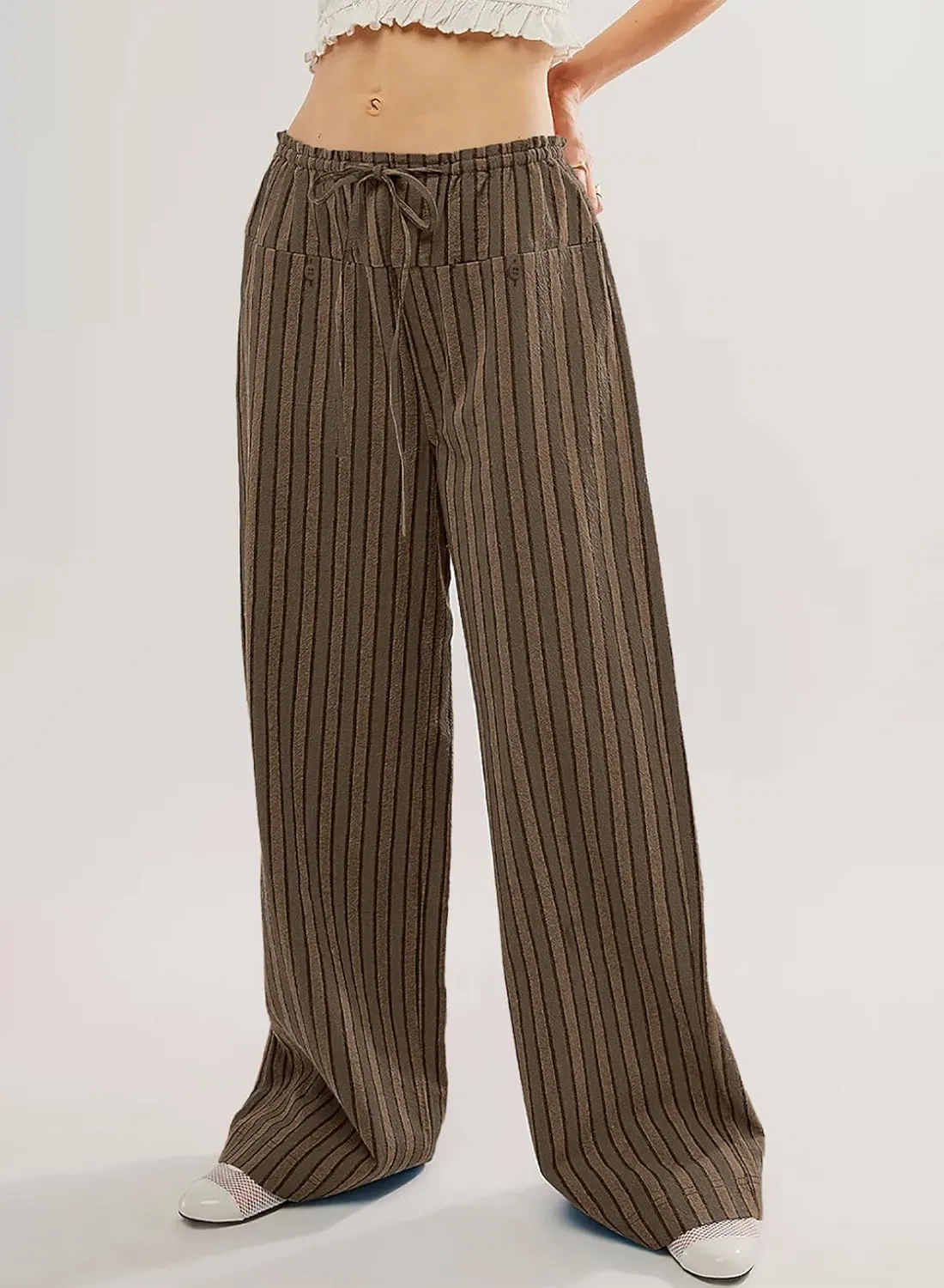 Acelitt Women Casual Drawstring Elastic Waist Loose Wide Leg Striped Pants with Pockets, S-XXL
