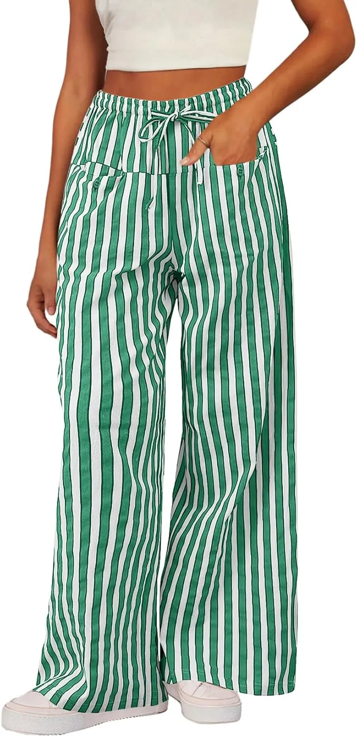 Acelitt Women Casual Drawstring Elastic Waist Loose Wide Leg Striped Pants with Pockets, S-XXL