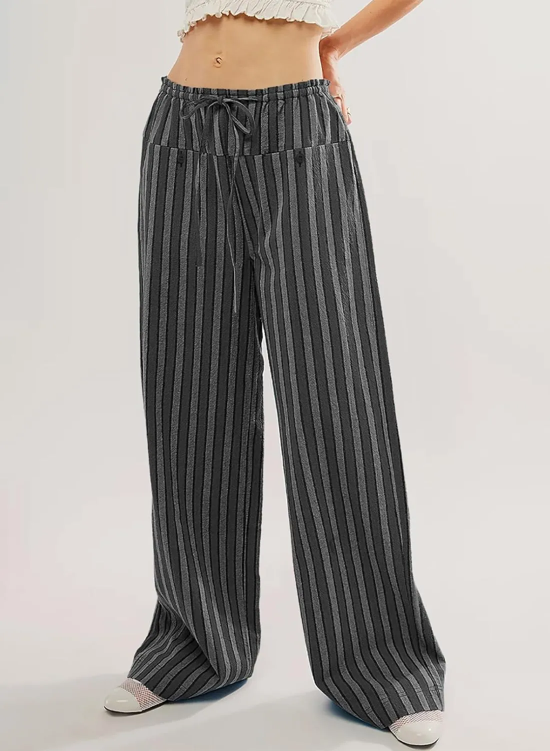 Acelitt Women Casual Drawstring Elastic Waist Loose Wide Leg Striped Pants with Pockets, S-XXL