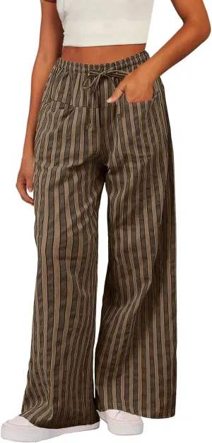 Acelitt Women Casual Drawstring Elastic Waist Loose Wide Leg Striped Pants with Pockets, S-XXL