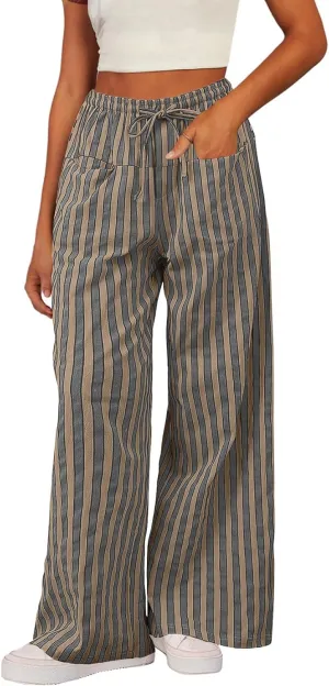 Acelitt Women Casual Drawstring Elastic Waist Loose Wide Leg Striped Pants with Pockets, S-XXL