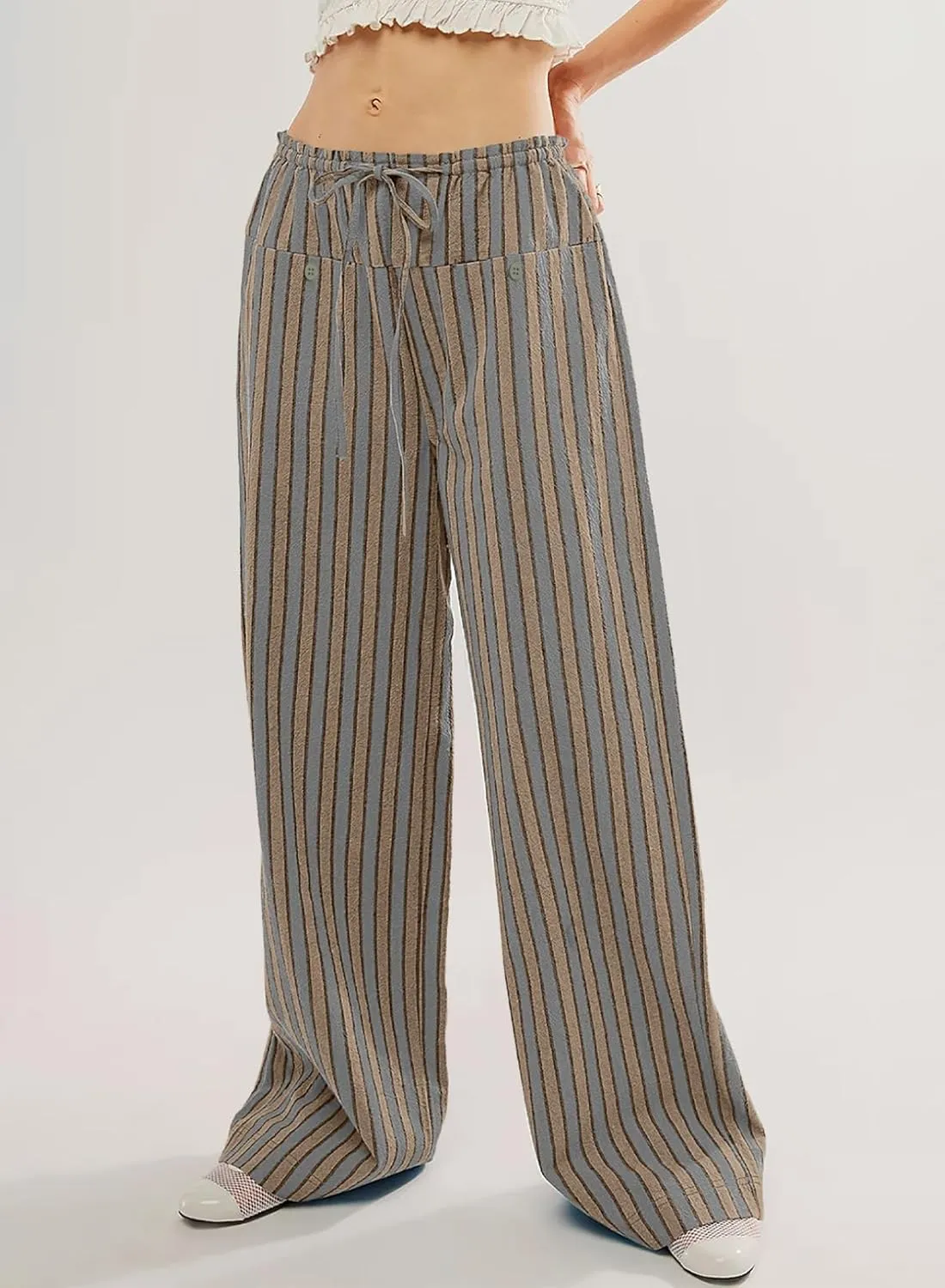 Acelitt Women Casual Drawstring Elastic Waist Loose Wide Leg Striped Pants with Pockets, S-XXL
