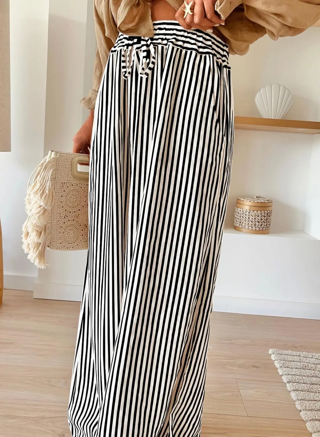 Acelitt Women Casual Drawstring Elastic Waist Striped Wide Leg Pants with Pockets, S-XXL