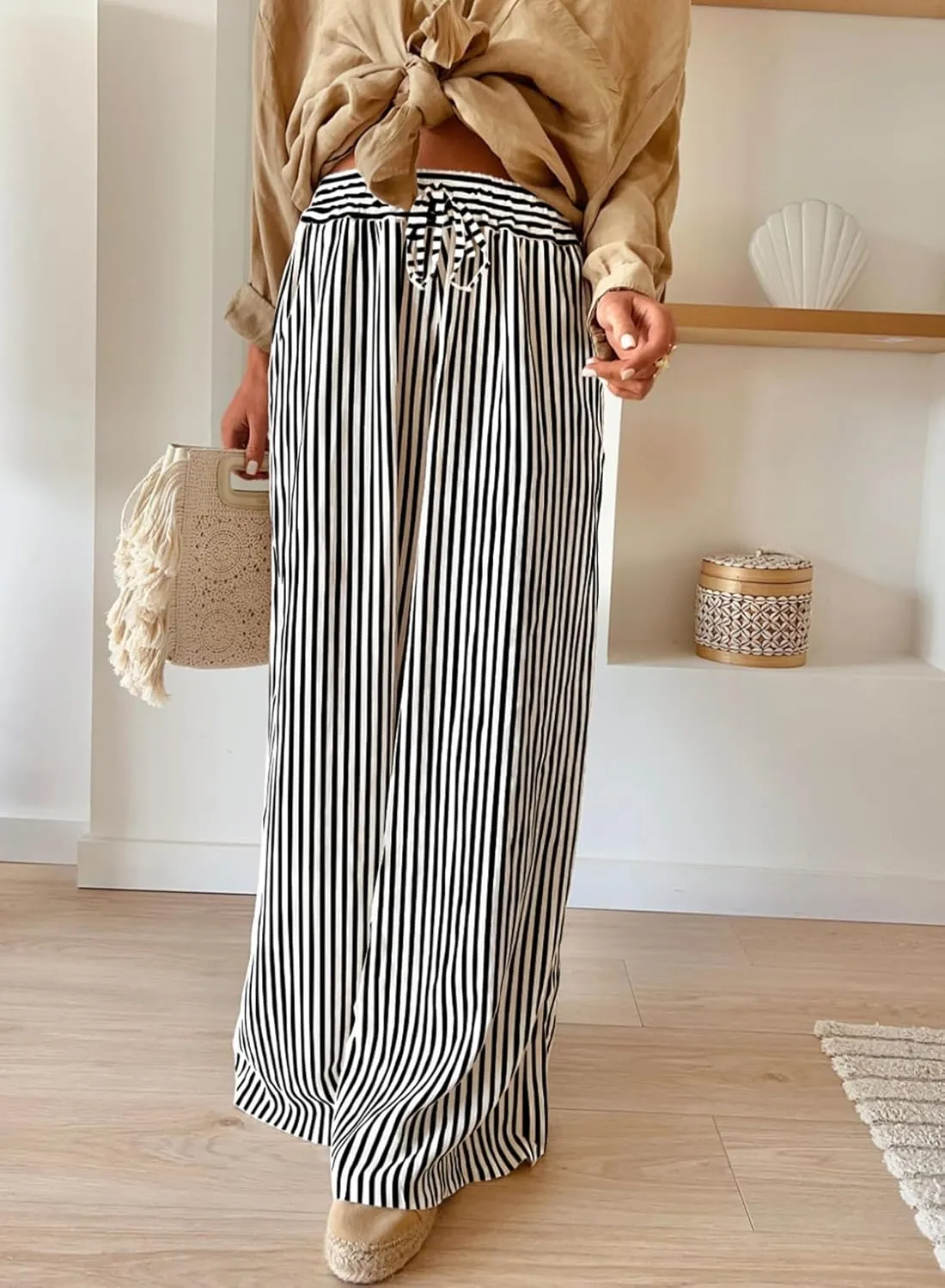 Acelitt Women Casual Drawstring Elastic Waist Striped Wide Leg Pants with Pockets, S-XXL