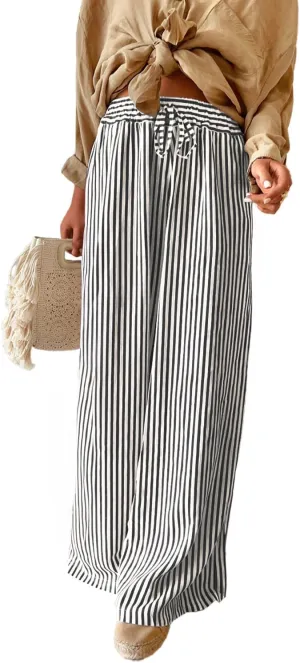 Acelitt Women Casual Drawstring Elastic Waist Striped Wide Leg Pants with Pockets, S-XXL
