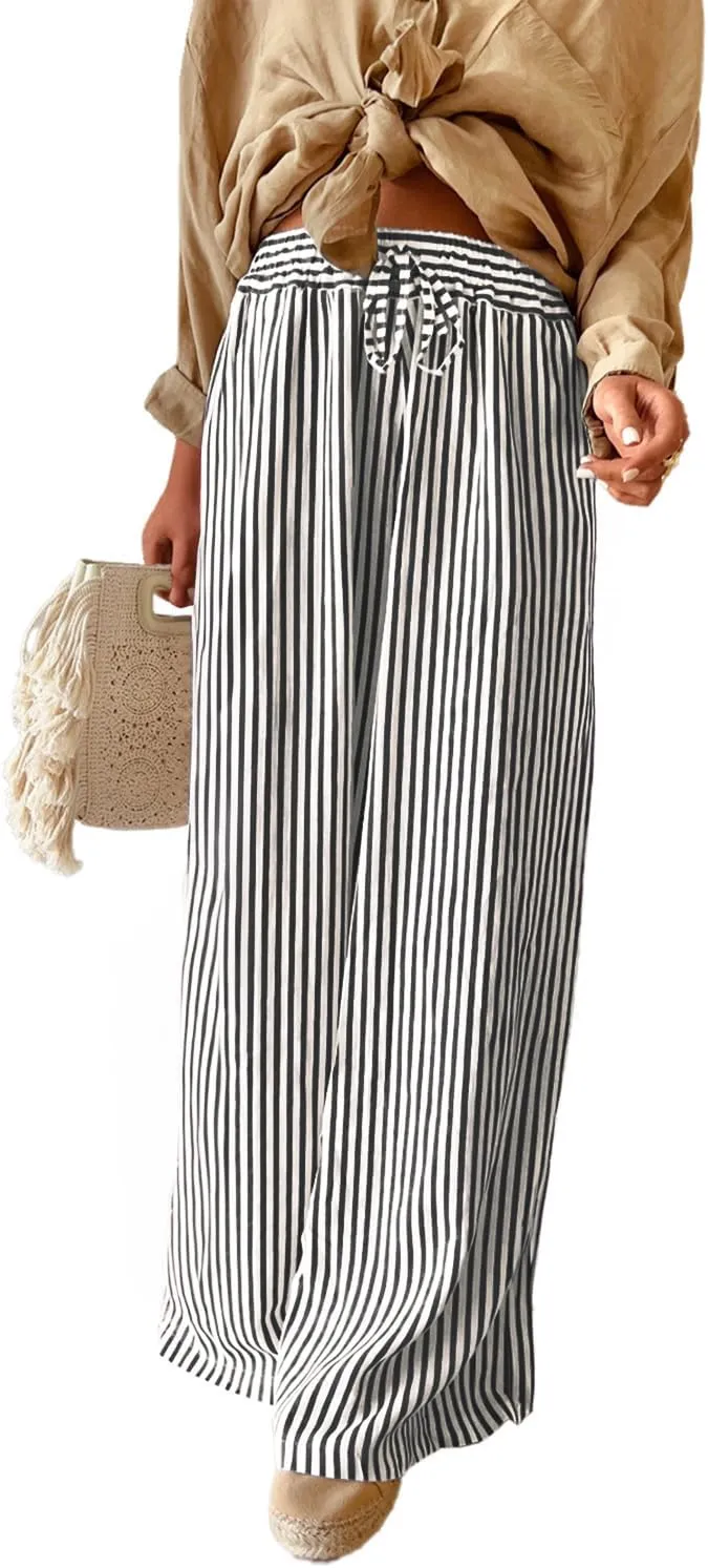 Acelitt Women Casual Drawstring Elastic Waist Striped Wide Leg Pants with Pockets, S-XXL