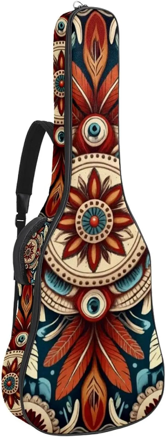 Acoustic Guitar Bag with Two Pockets Guitar Gig Bags,Art Retro Native American Filigree Water Resistent Dual Adjustable Shoulder Strap Guitar Case Gig Bag