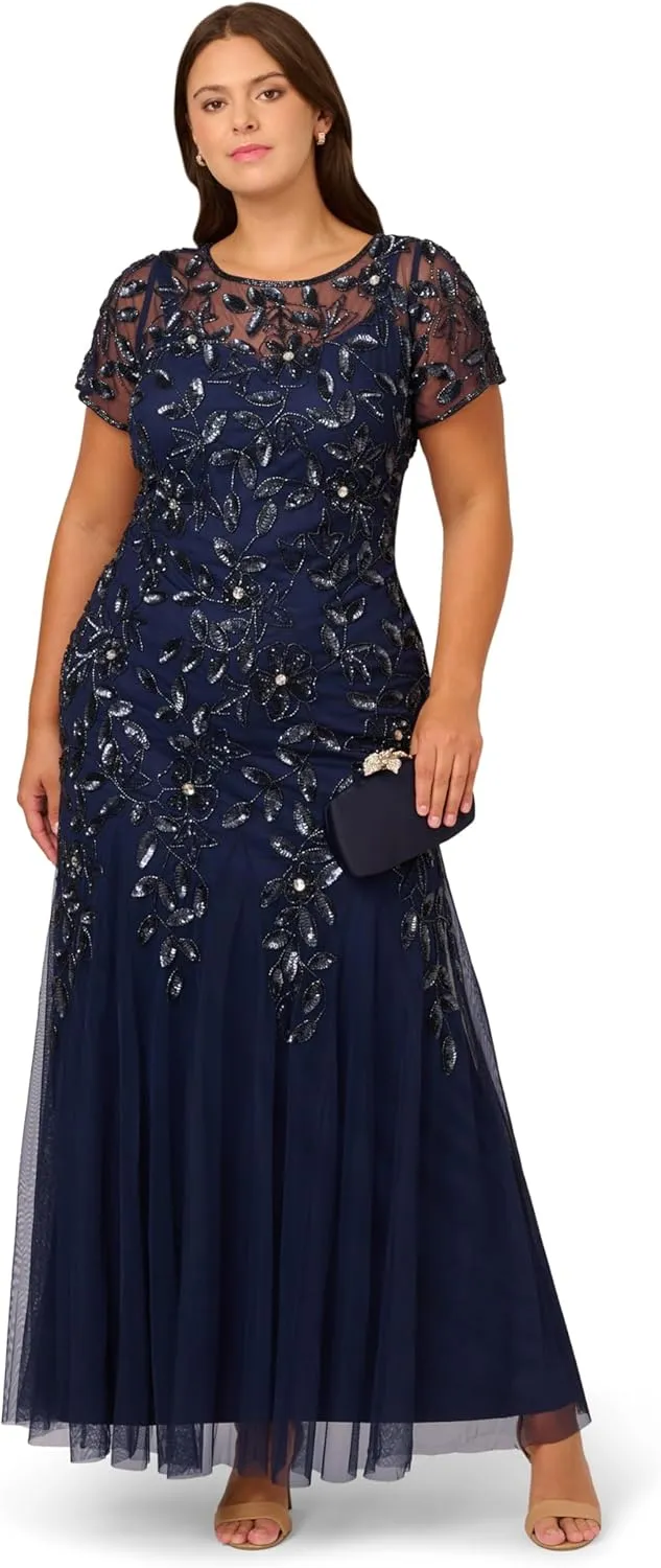 Adrianna Papell Women's Bead Long Dress with Godets