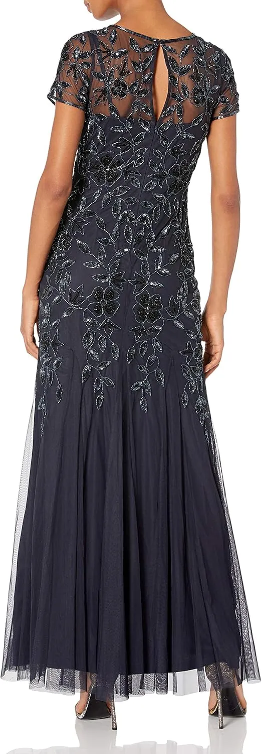 Adrianna Papell Women's Floral Beaded Godet Gown