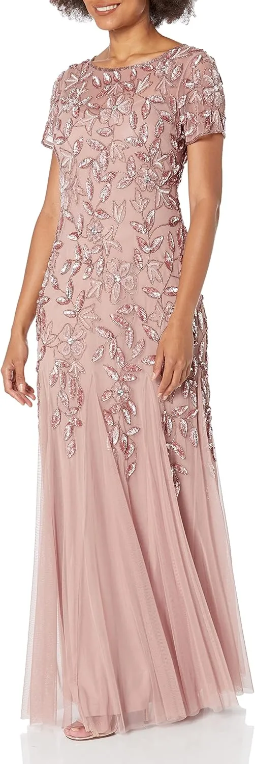 Adrianna Papell Women's Floral Beaded Godet Gown