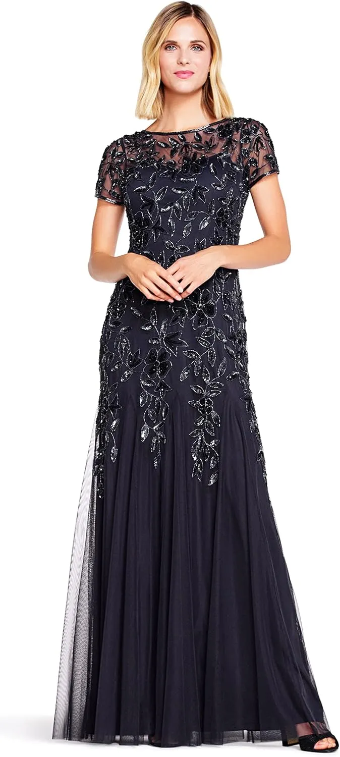 Adrianna Papell Women's Floral Beaded Godet Gown