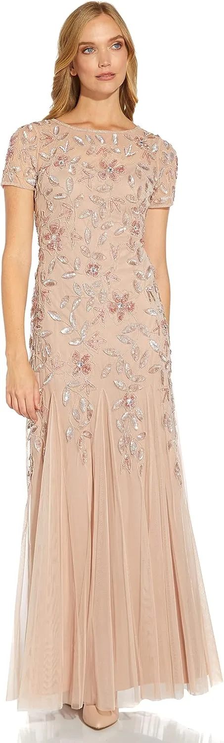 Adrianna Papell Women's Floral Beaded Godet Gown