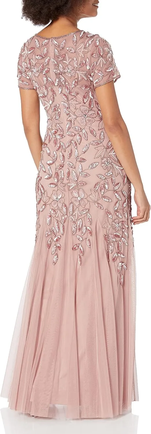 Adrianna Papell Women's Floral Beaded Godet Gown