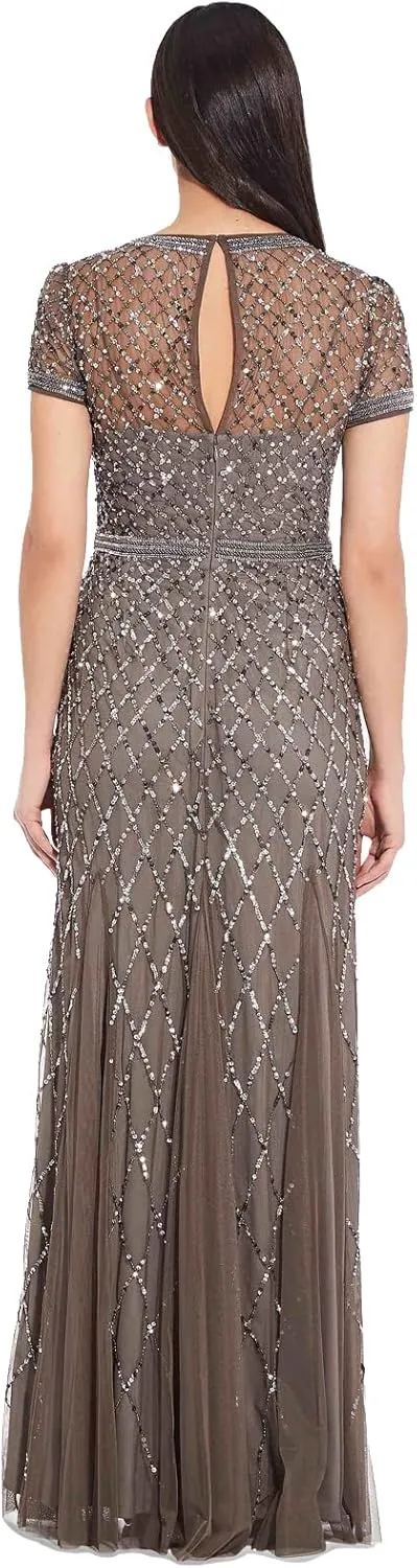 Adrianna Papell Women's Short-Sleeve Grid Beaded Gown