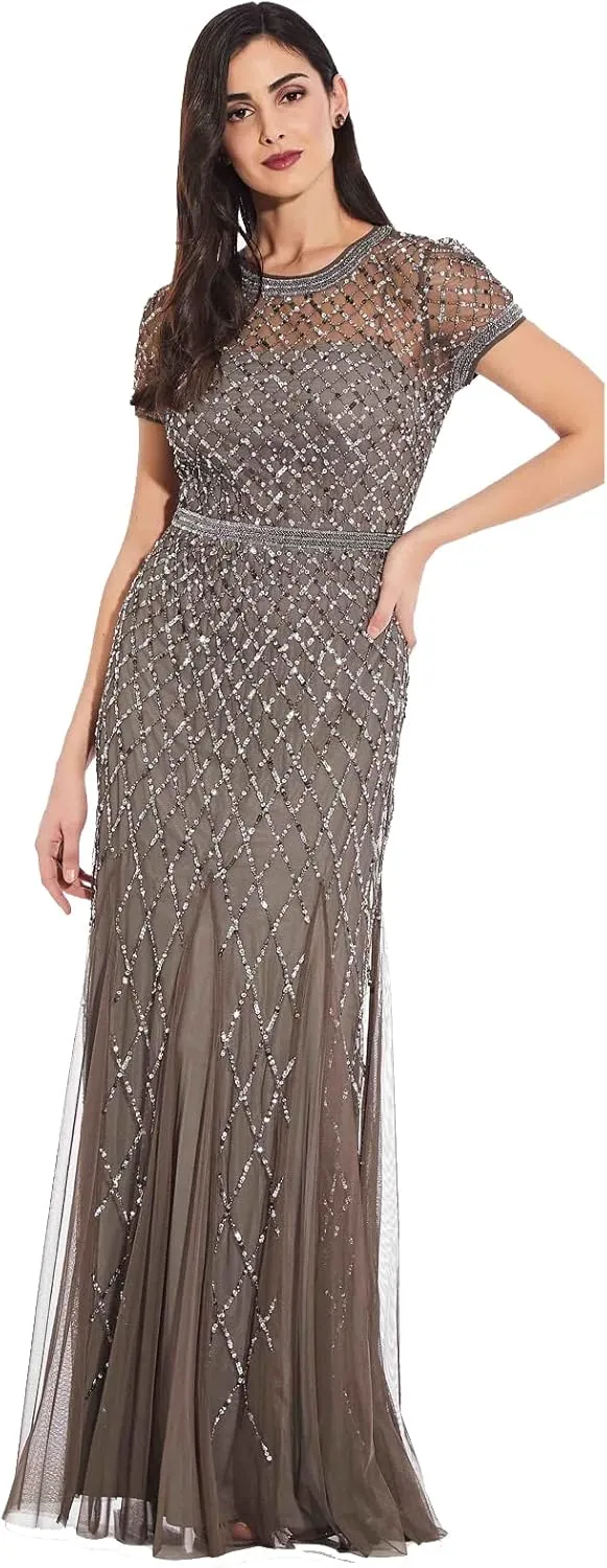 Adrianna Papell Women's Short-Sleeve Grid Beaded Gown