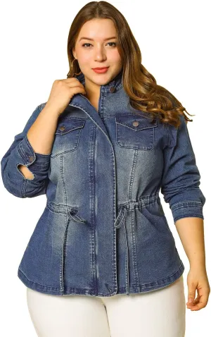 Agnes Orinda Women's Plus Size Denim Jacket Stretch Stand Collar Zip Drawstring Jean Jackets 2024