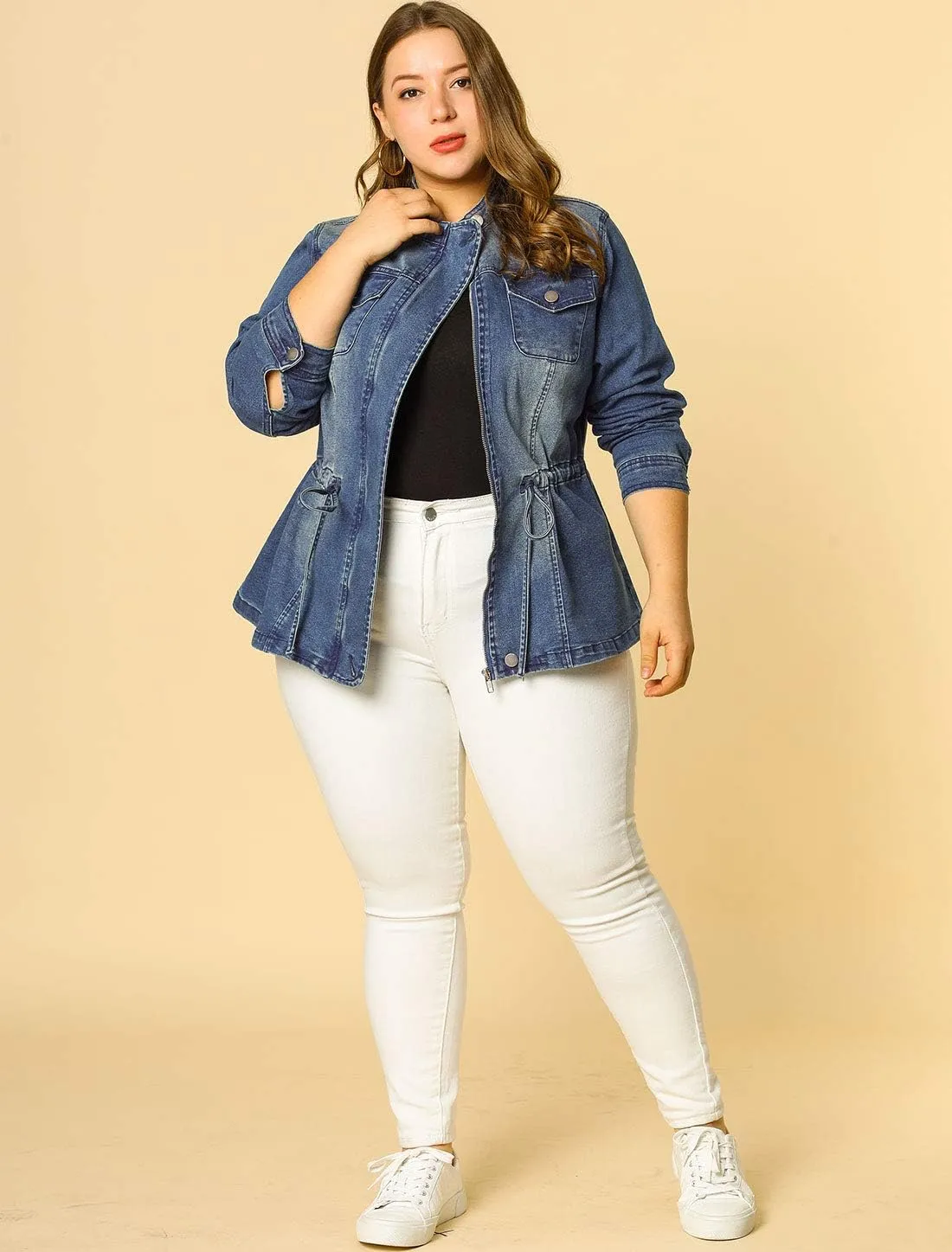 Agnes Orinda Women's Plus Size Denim Jacket Stretch Stand Collar Zip Drawstring Jean Jackets 2024
