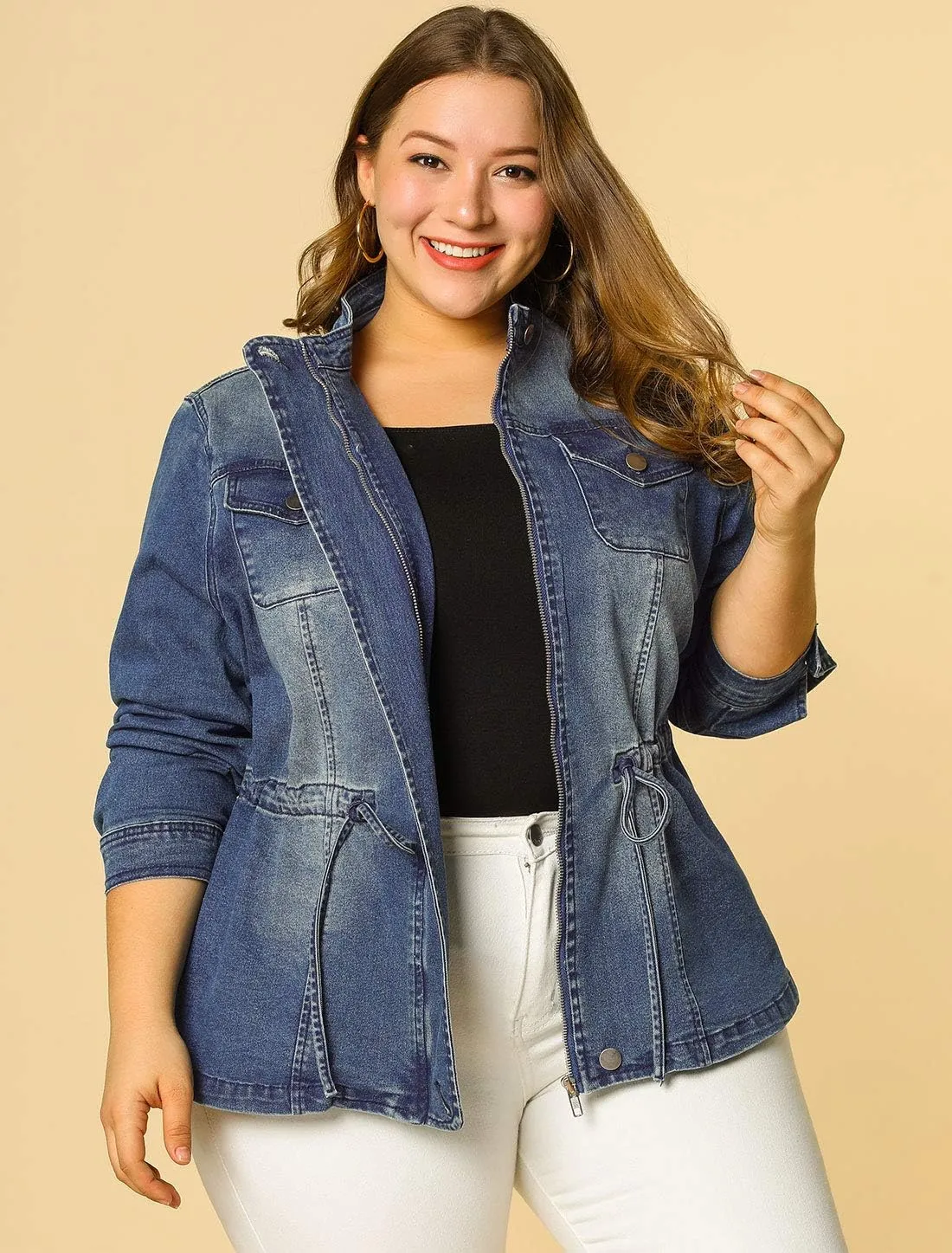 Agnes Orinda Women's Plus Size Denim Jacket Stretch Stand Collar Zip Drawstring Jean Jackets 2024