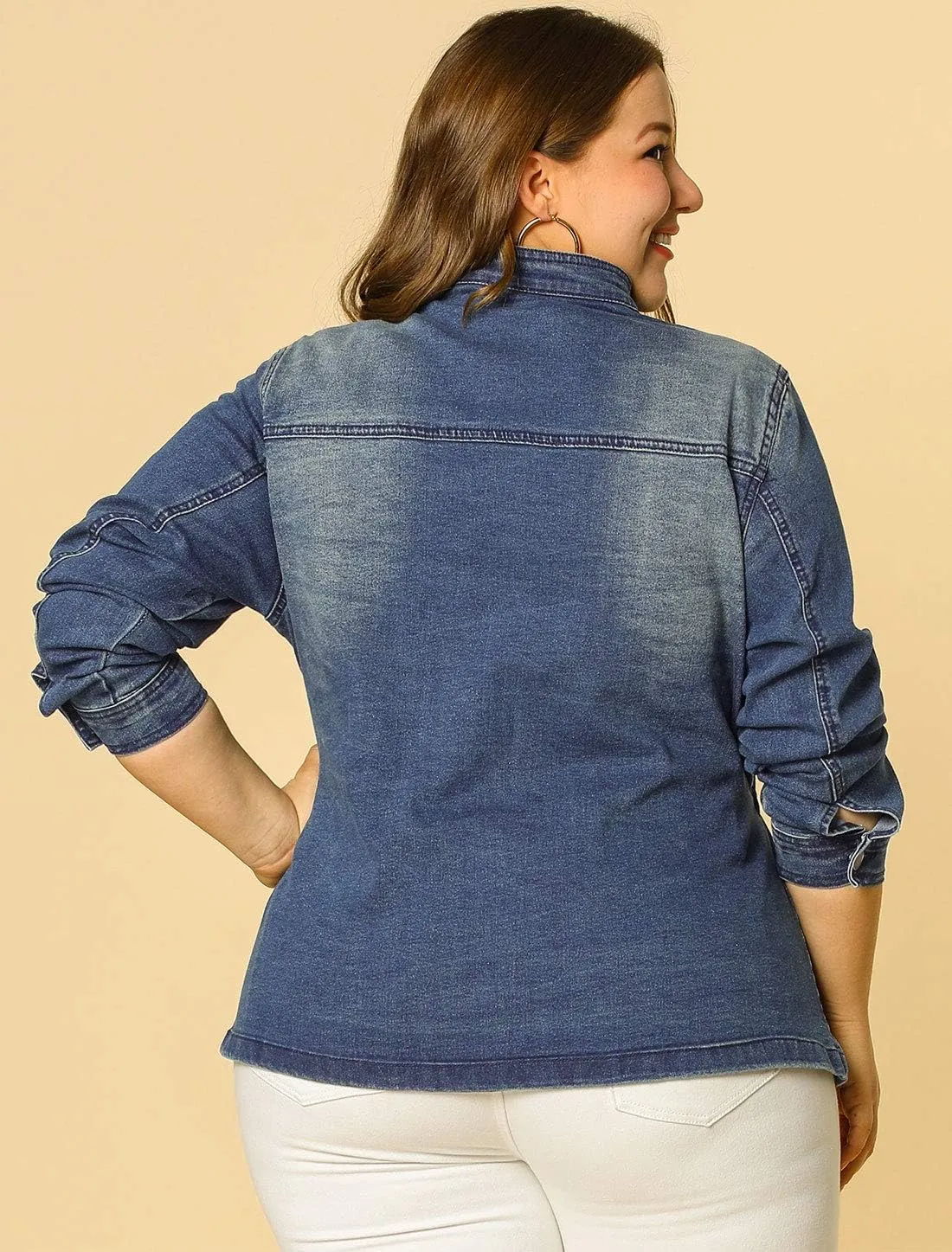 Agnes Orinda Women's Plus Size Denim Jacket Stretch Stand Collar Zip Drawstring Jean Jackets 2024