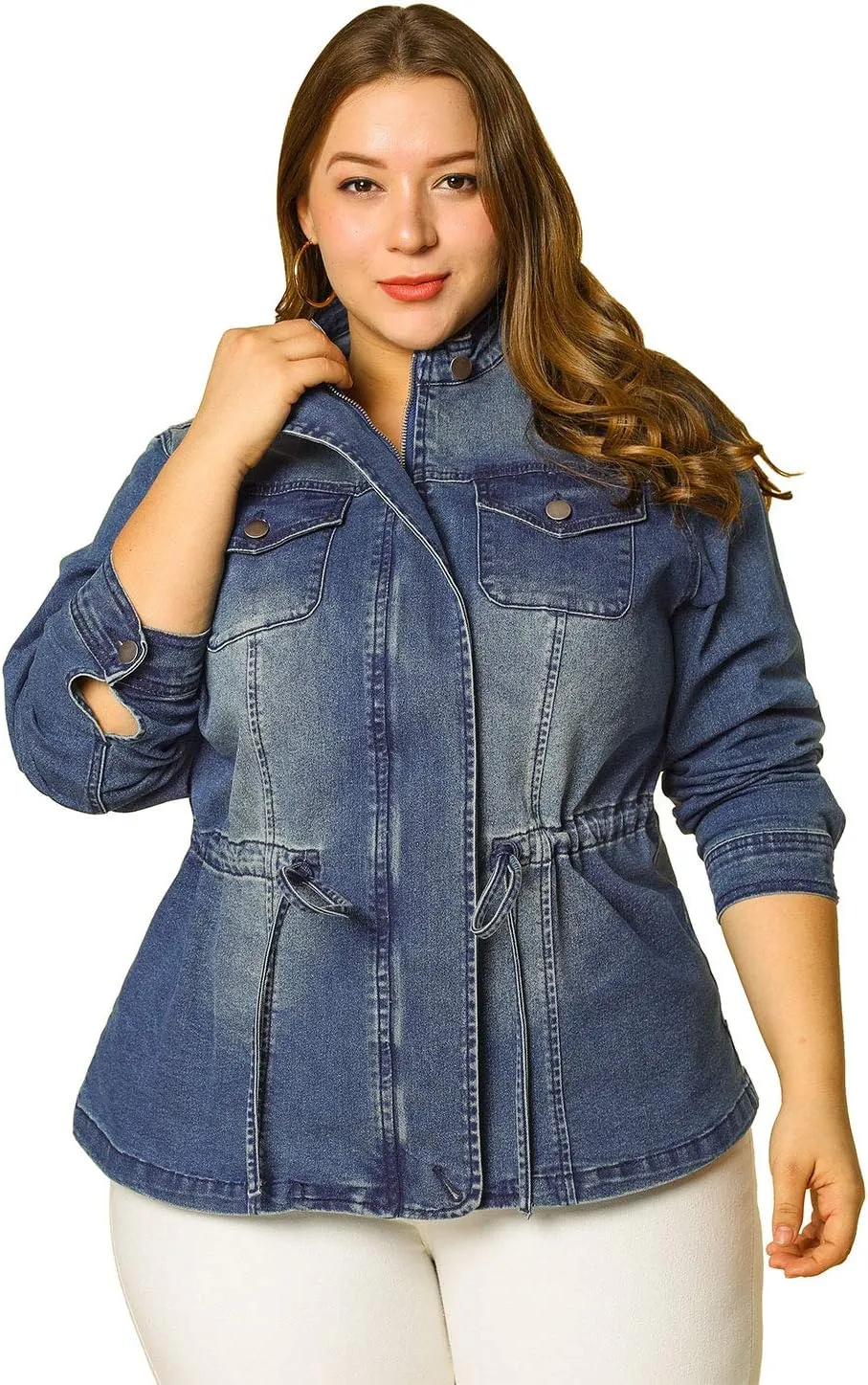 Agnes Orinda Women's Plus Size Denim Jacket Stretch Stand Collar Zip Drawstring Jean Jackets 2024