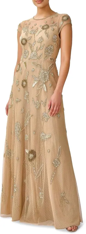 Aidan Mattox Illusion Crew Neck Cap Sleeve Zipper Back A-Line Beaded Mesh Dress-6 Light Gold
