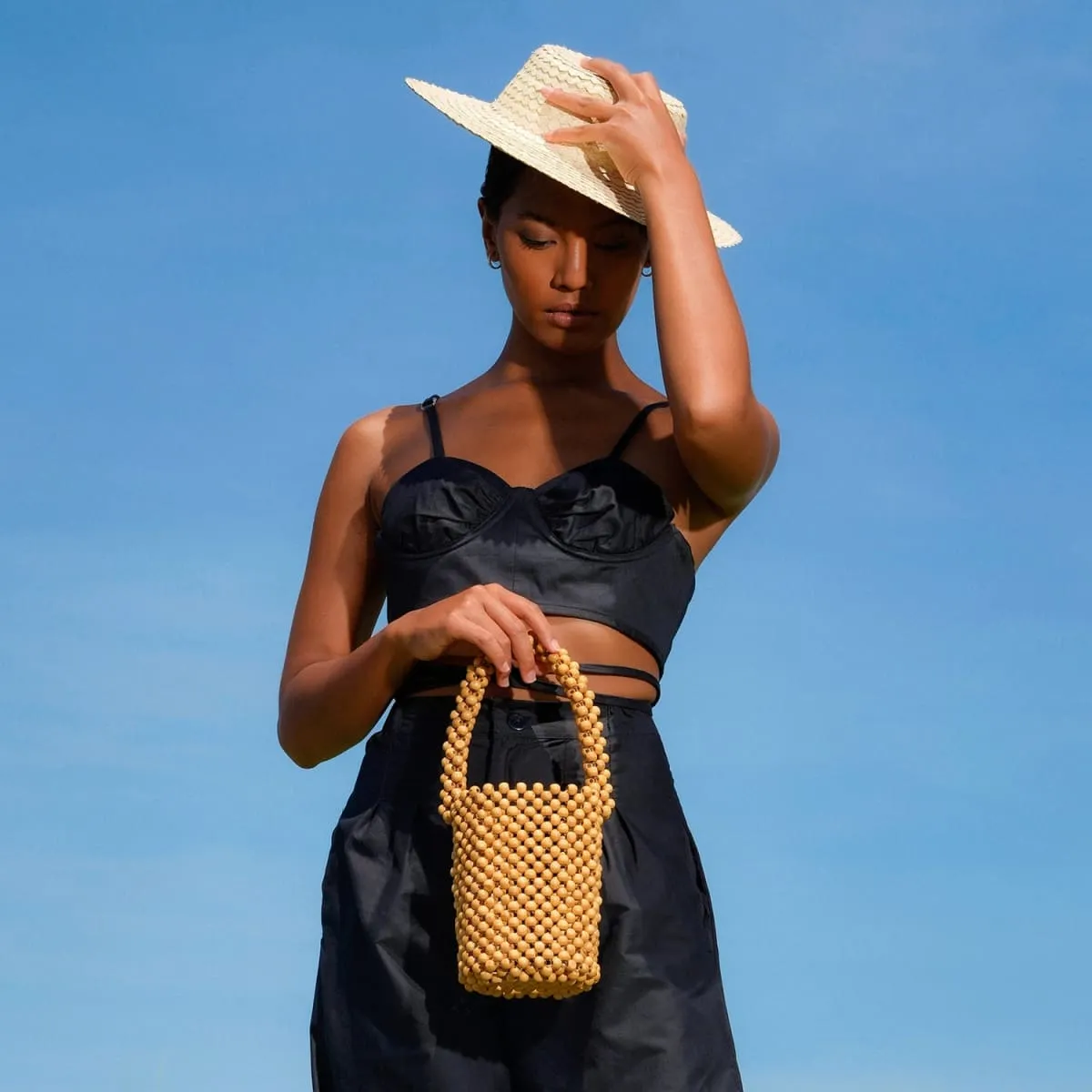 Alila Wooden Beads Bucket Handbag-Natural