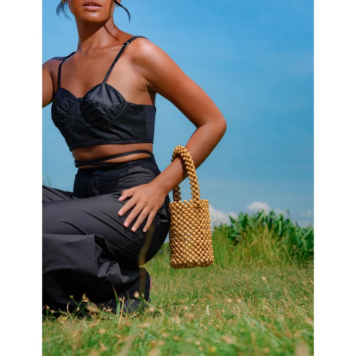 Alila Wooden Beads Bucket Handbag-Natural