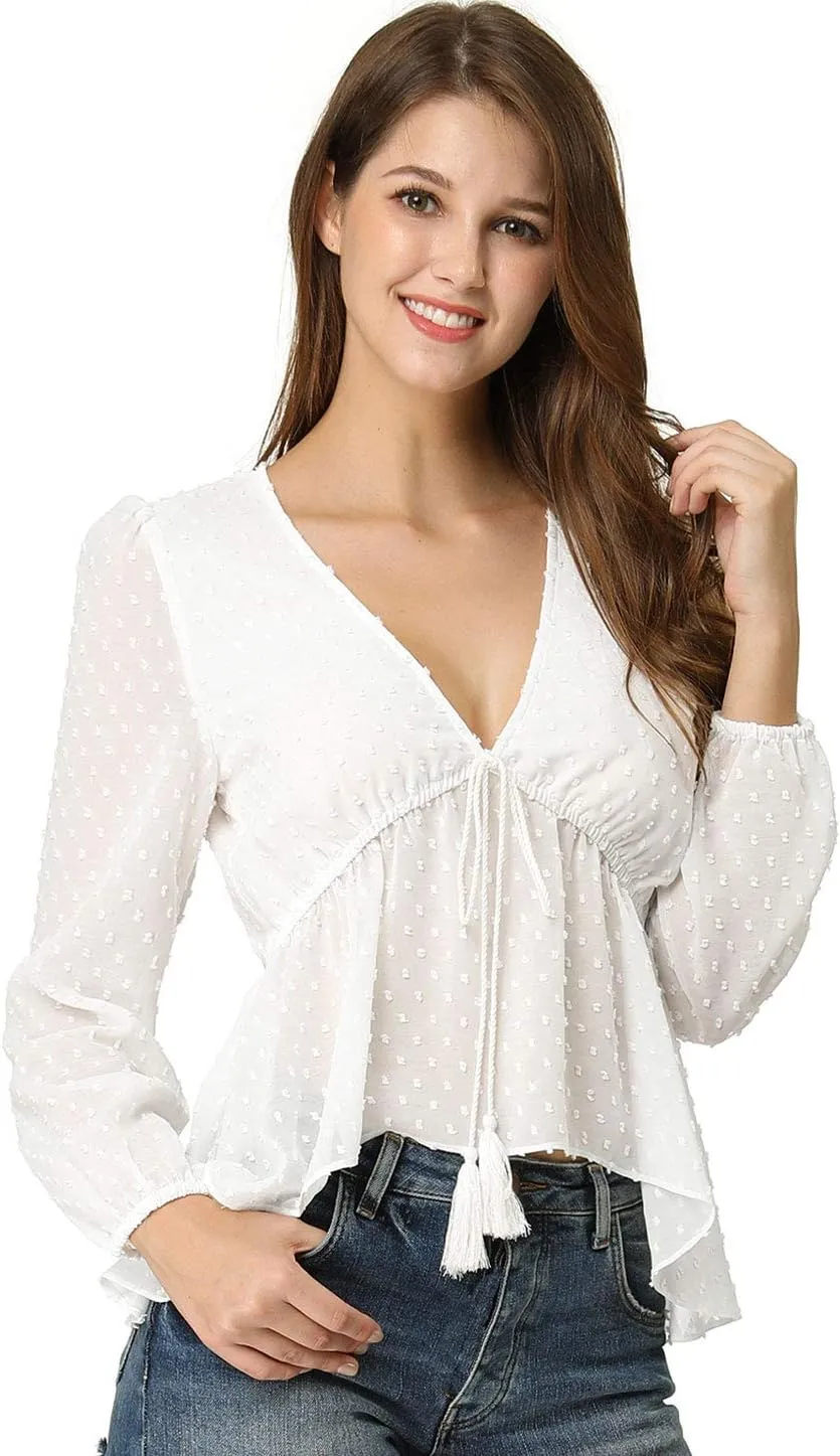 Allegra K Women's Deep V Neck Chiffon Top Swiss Dots Ruffle Hem Long Sleeve Peplum Top