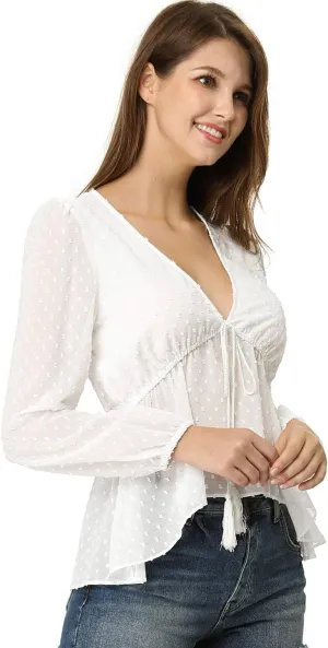 Allegra K Women's Deep V Neck Chiffon Top Swiss Dots Ruffle Hem Long Sleeve Peplum Top