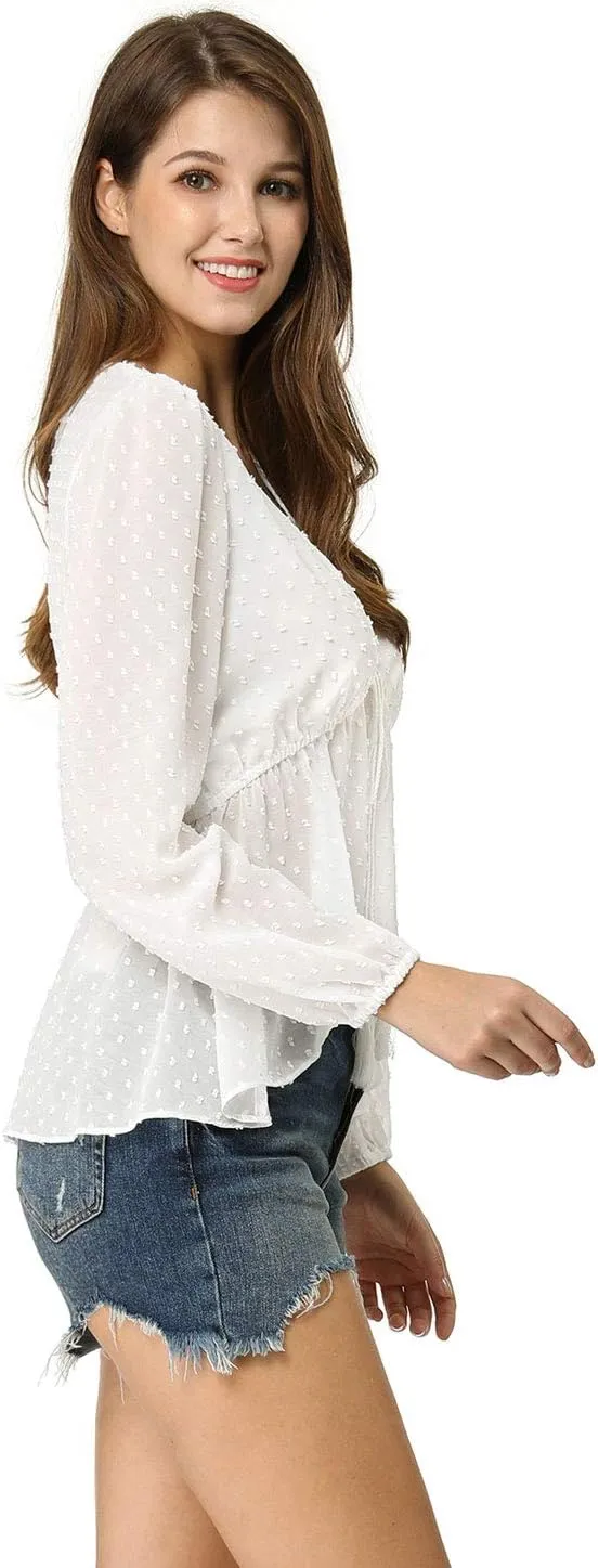 Allegra K Women's Deep V Neck Chiffon Top Swiss Dots Ruffle Hem Long Sleeve Peplum Top