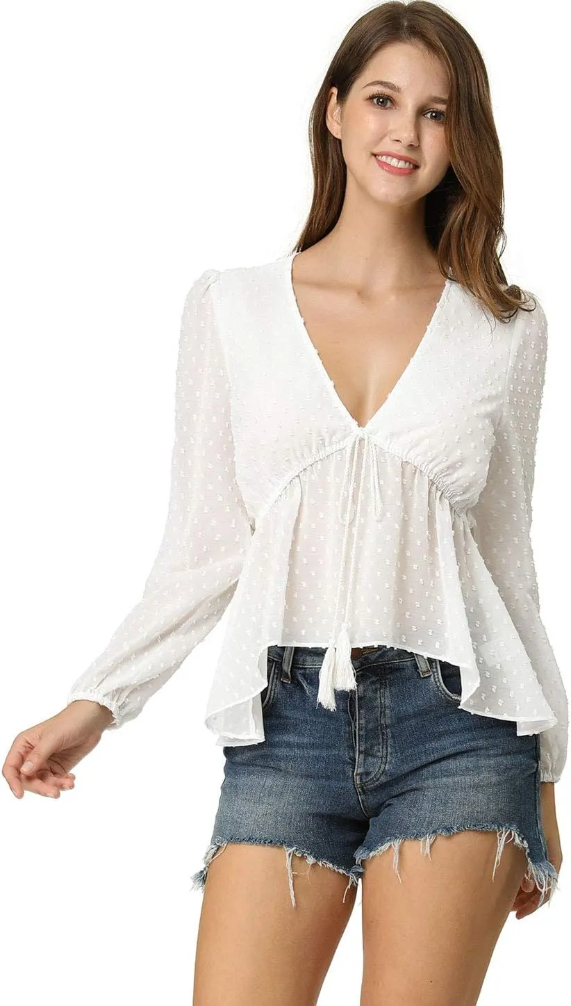 Allegra K Women's Deep V Neck Chiffon Top Swiss Dots Ruffle Hem Long Sleeve Peplum Top