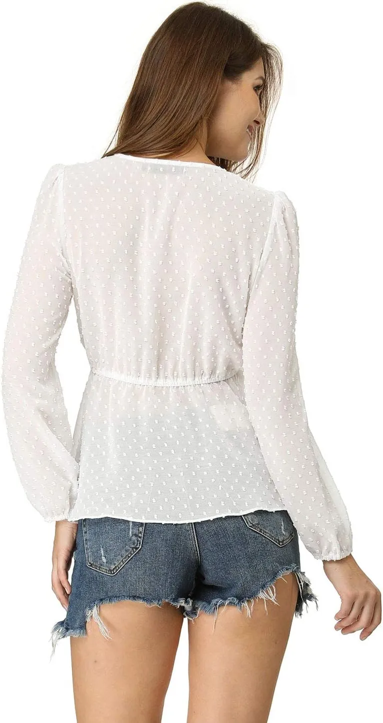 Allegra K Women's Deep V Neck Chiffon Top Swiss Dots Ruffle Hem Long Sleeve Peplum Top
