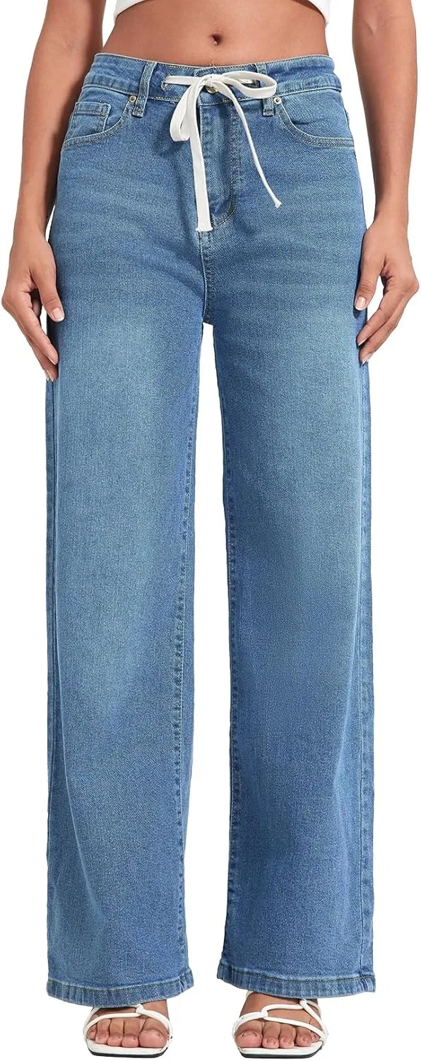 Allimy Womens Drawstring High Waist Wide Leg Jeans Straight Leg Washed Denim Jeans Pants