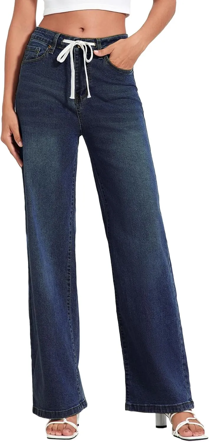 Allimy Womens Drawstring High Waist Wide Leg Jeans Straight Leg Washed Denim Jeans Pants