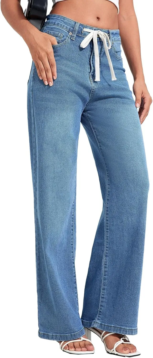 Allimy Womens Drawstring High Waist Wide Leg Jeans Straight Leg Washed Denim Jeans Pants