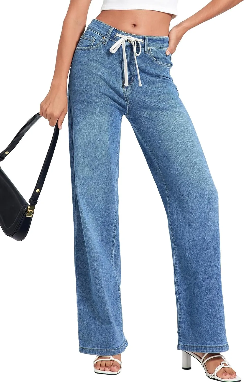 Allimy Womens Drawstring High Waist Wide Leg Jeans Straight Leg Washed Denim Jeans Pants