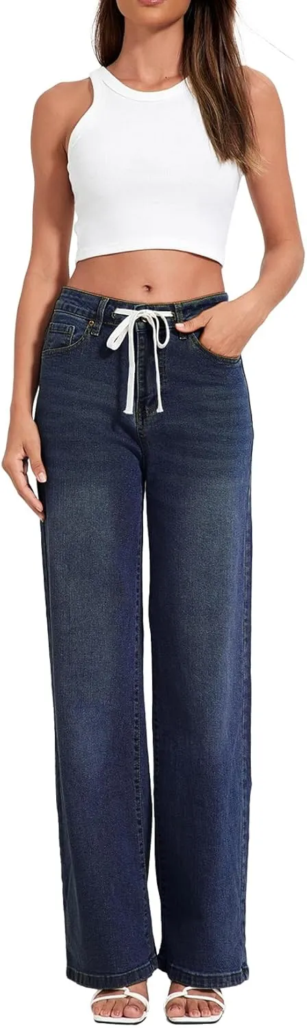 Allimy Womens Drawstring High Waist Wide Leg Jeans Straight Leg Washed Denim Jeans Pants