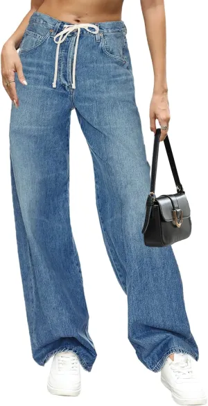 Allimy Womens Drawstring High Waist Wide Leg Jeans Straight Leg Washed Denim Jeans Pants