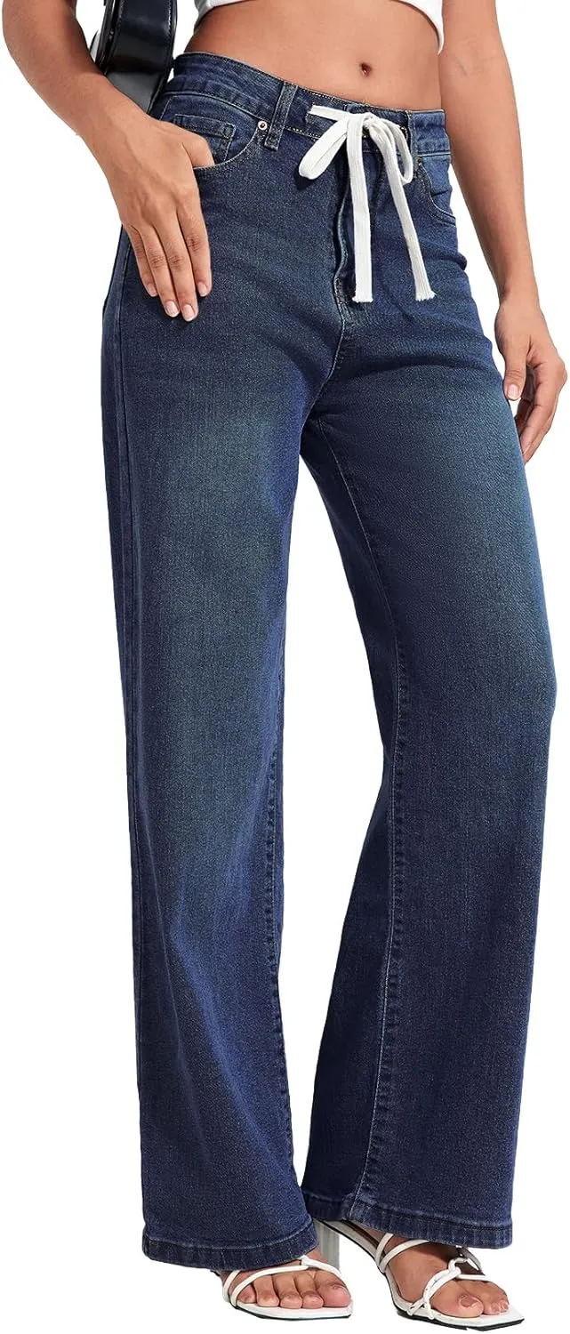Allimy Womens Drawstring High Waist Wide Leg Jeans Straight Leg Washed Denim Jeans Pants