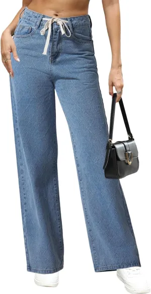 Allimy Womens Drawstring High Waist Wide Leg Jeans Straight Leg Washed Denim Jeans Pants