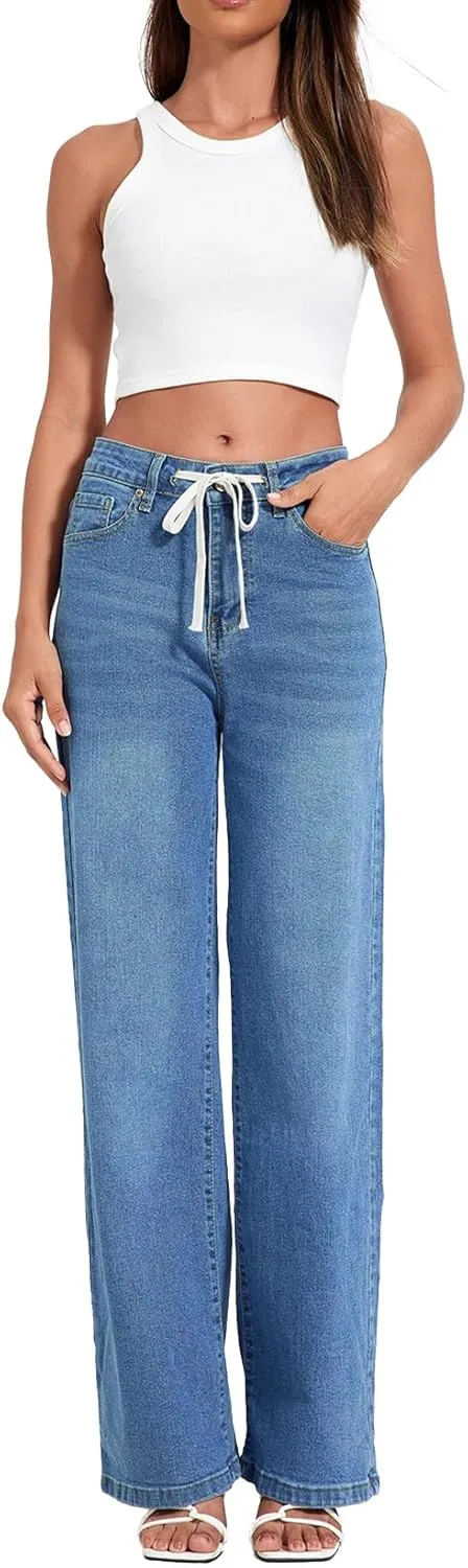 Allimy Womens Drawstring High Waist Wide Leg Jeans Straight Leg Washed Denim Jeans Pants