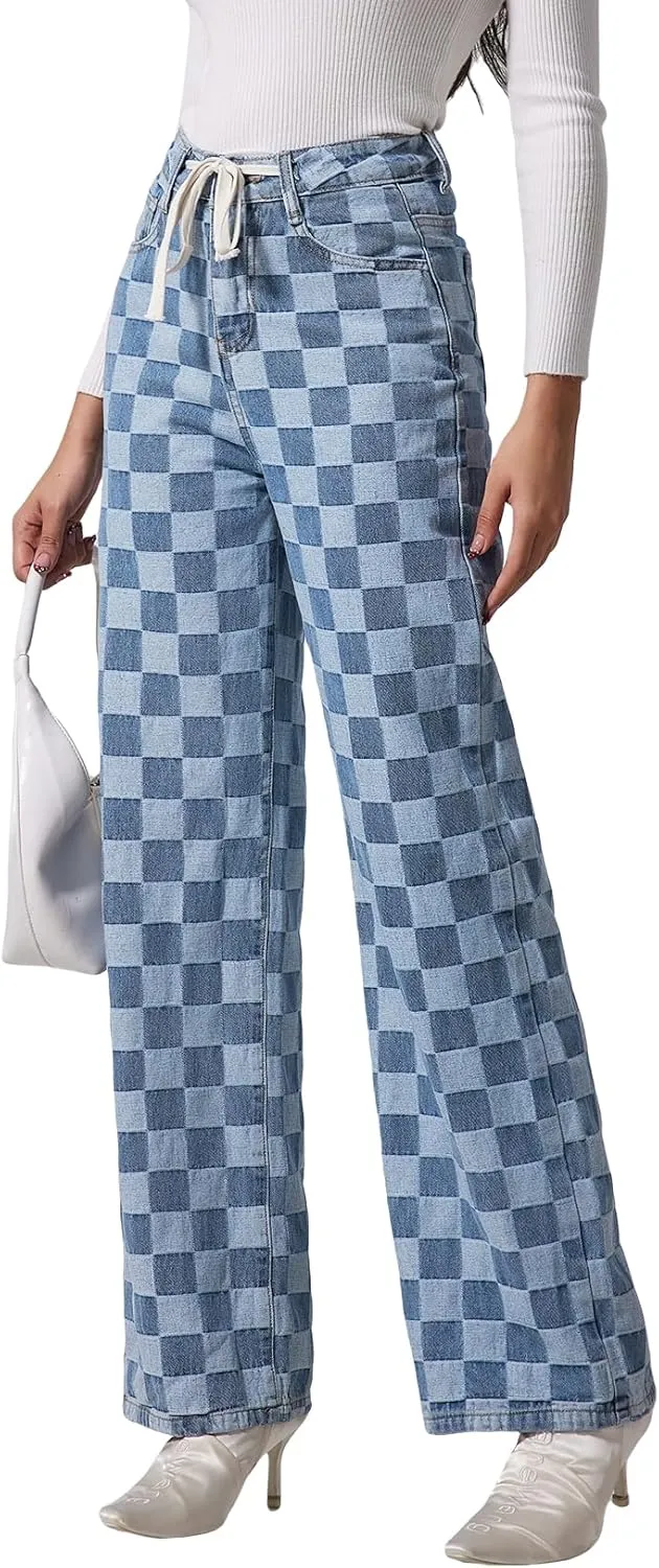 Allimy Womens Drawstring High Waist Wide Leg Jeans Straight Leg Washed Denim Jeans Pants