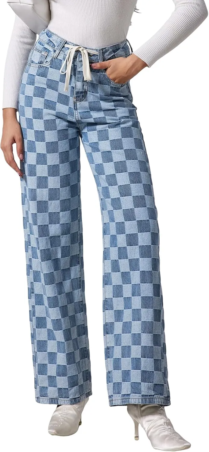 Allimy Womens Drawstring High Waist Wide Leg Jeans Straight Leg Washed Denim Jeans Pants