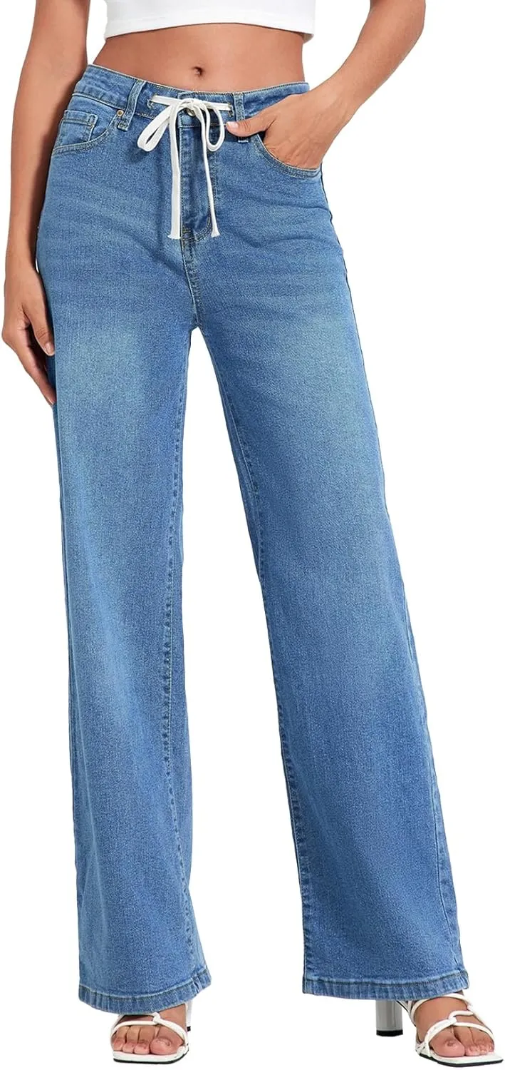 Allimy Womens Drawstring High Waist Wide Leg Jeans Straight Leg Washed Denim Jeans Pants