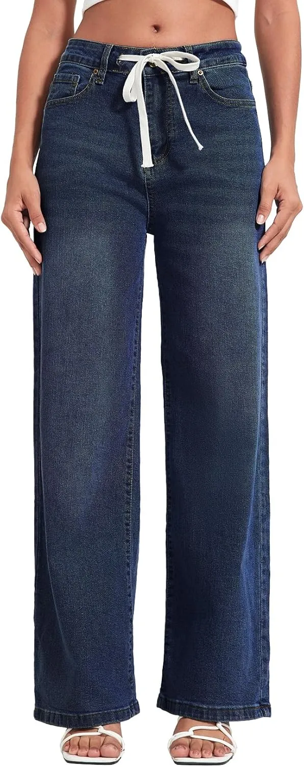 Allimy Womens Drawstring High Waist Wide Leg Jeans Straight Leg Washed Denim Jeans Pants