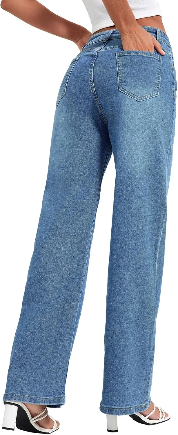 Allimy Womens Drawstring High Waist Wide Leg Jeans Straight Leg Washed Denim Jeans Pants