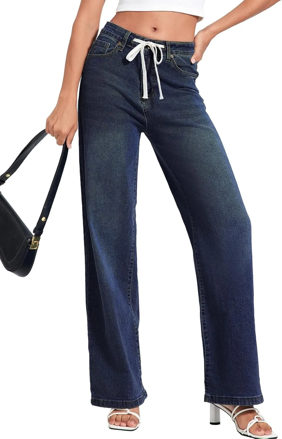 Allimy Womens Drawstring High Waist Wide Leg Jeans Straight Leg Washed Denim Jeans Pants
