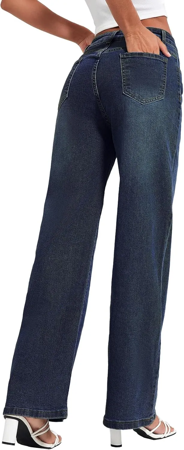 Allimy Womens Drawstring High Waist Wide Leg Jeans Straight Leg Washed Denim Jeans Pants